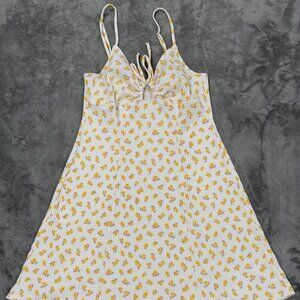 Billabong Ribbed Floral Mini Dress L Sunny Yellow Tie Front Spaghetti Strap EUC